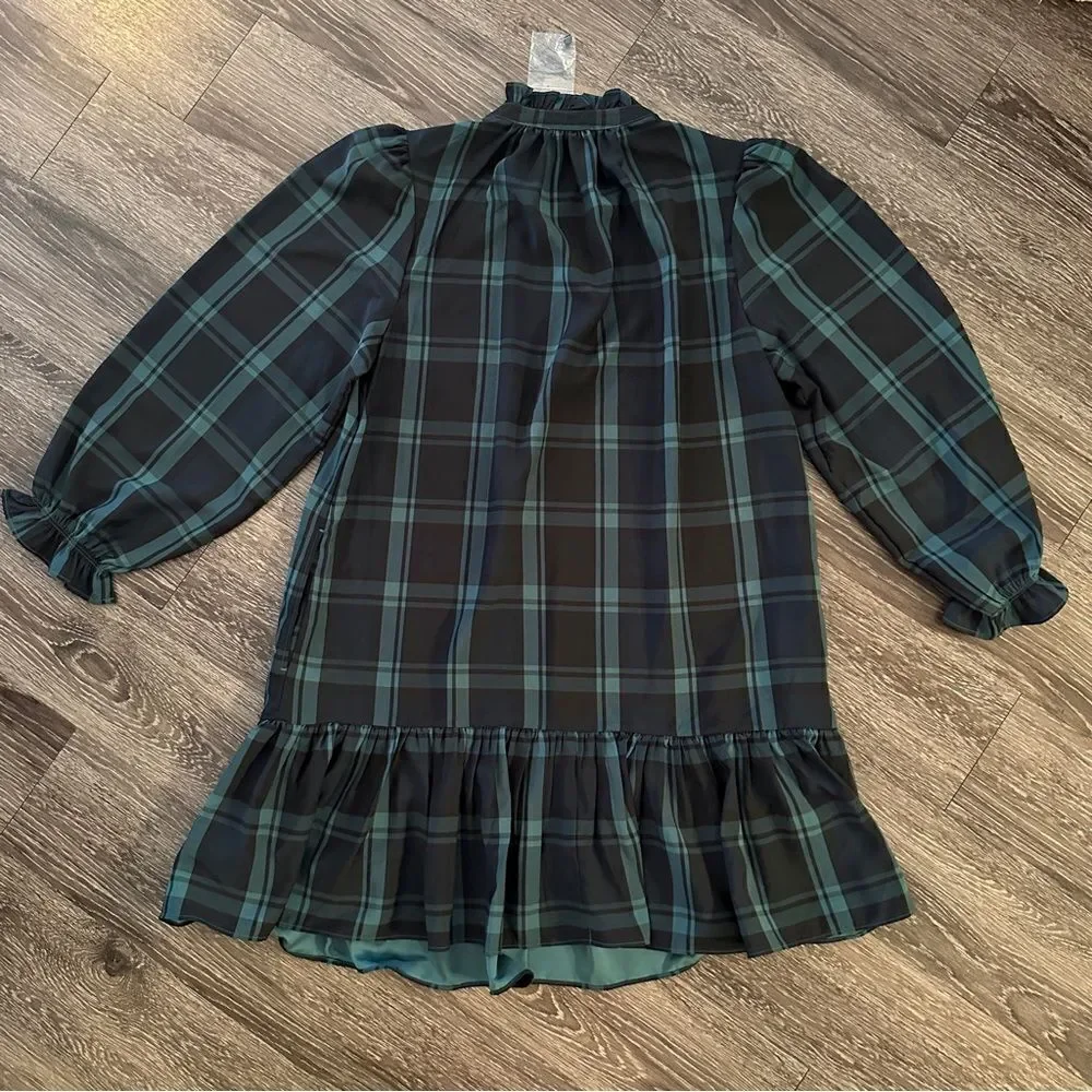J. Crew Ruffle puff-sleeve dress in Black Watch tartan New